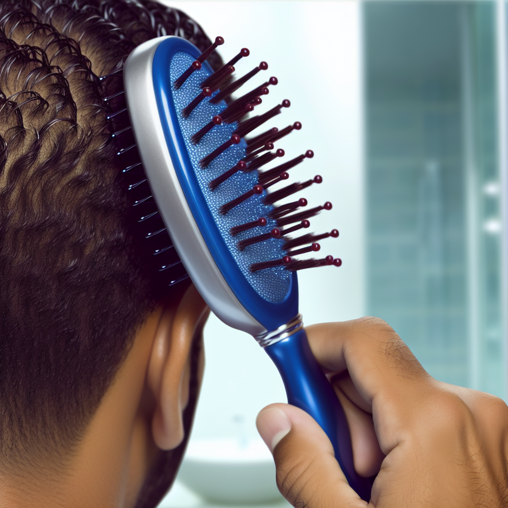 A hand is holding a blue hairbrush brushing through curly hair.