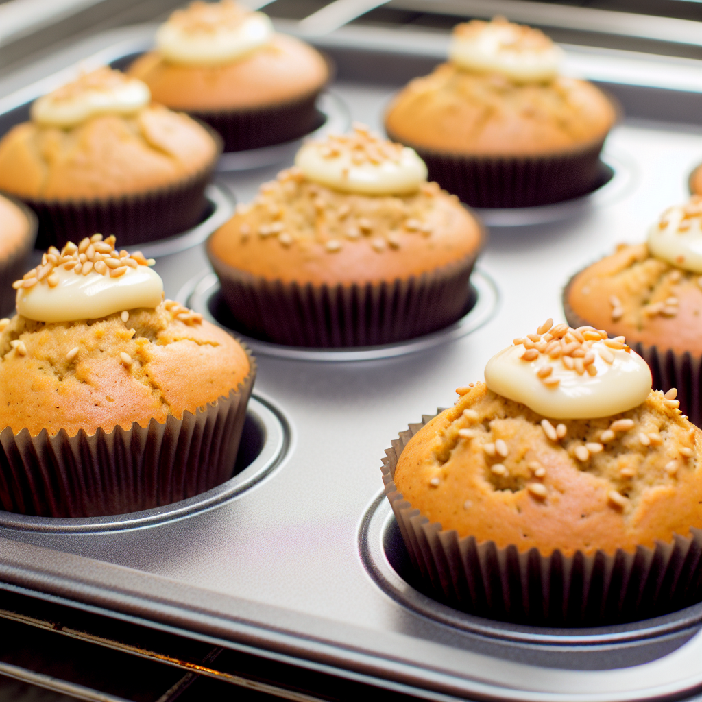 Muffins with cream topping and sprinkled with sesame seeds in a baking tray.