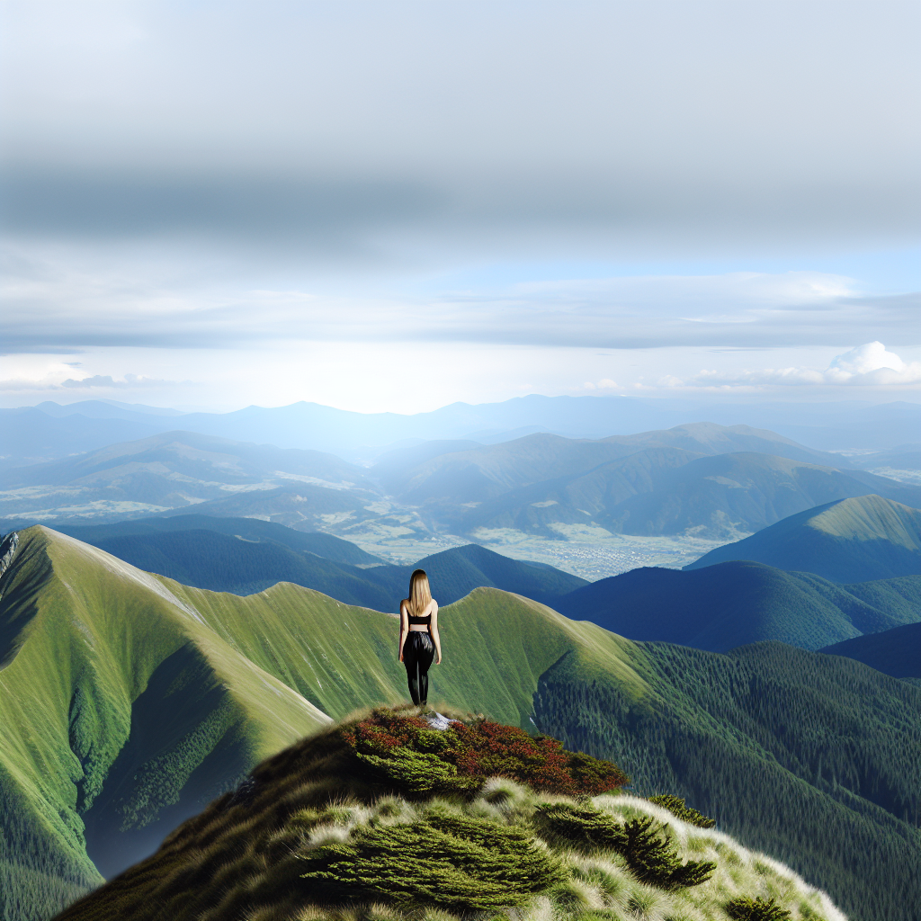 A person standing on top of a mountain with a vast landscape of mountains and valleys in the background.
