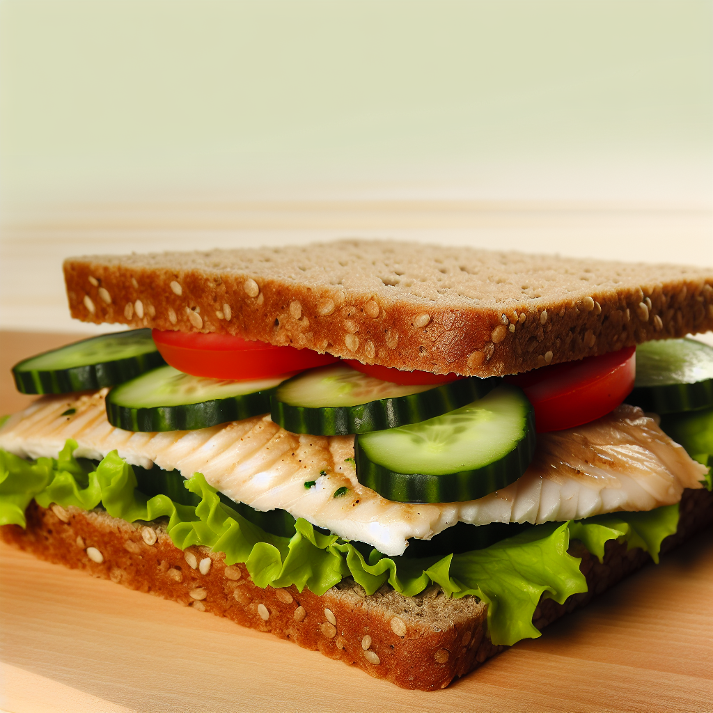 A sandwich with lettuce, grilled chicken, cucumbers, and tomatoes on whole grain bread.