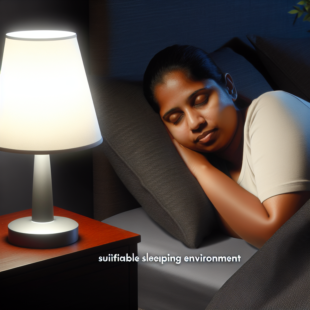 A person sleeping next to a lit bedside lamp.