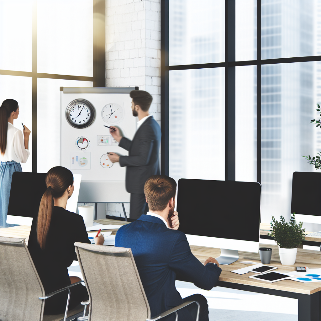 A business meeting with people working and presenting in a modern office.