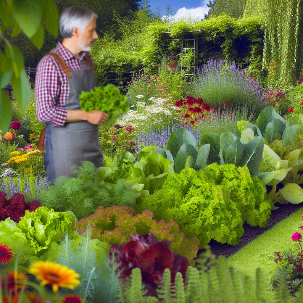 Un barbat intr-o gradina cu multe plante si legume, tinand un buchet de salata verde in mana.