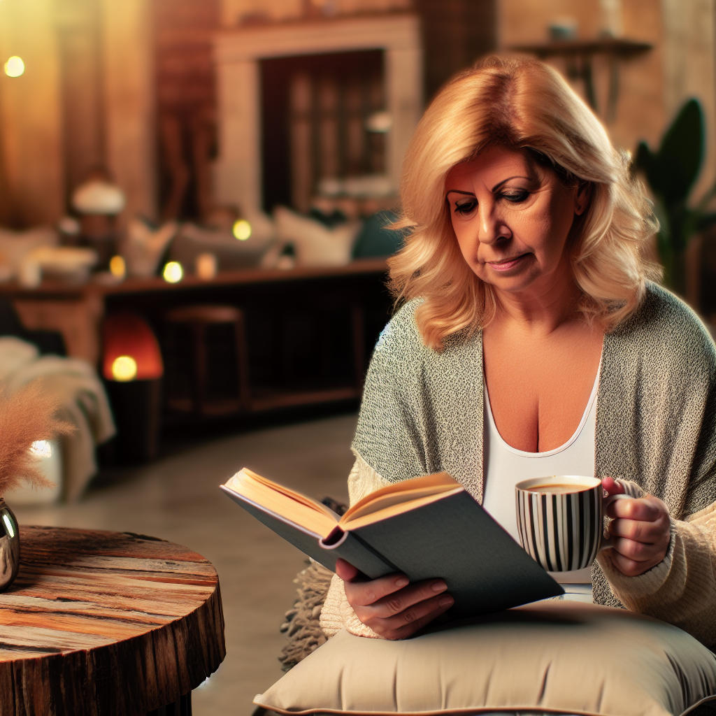 A woman reading a book and holding a cup of coffee.