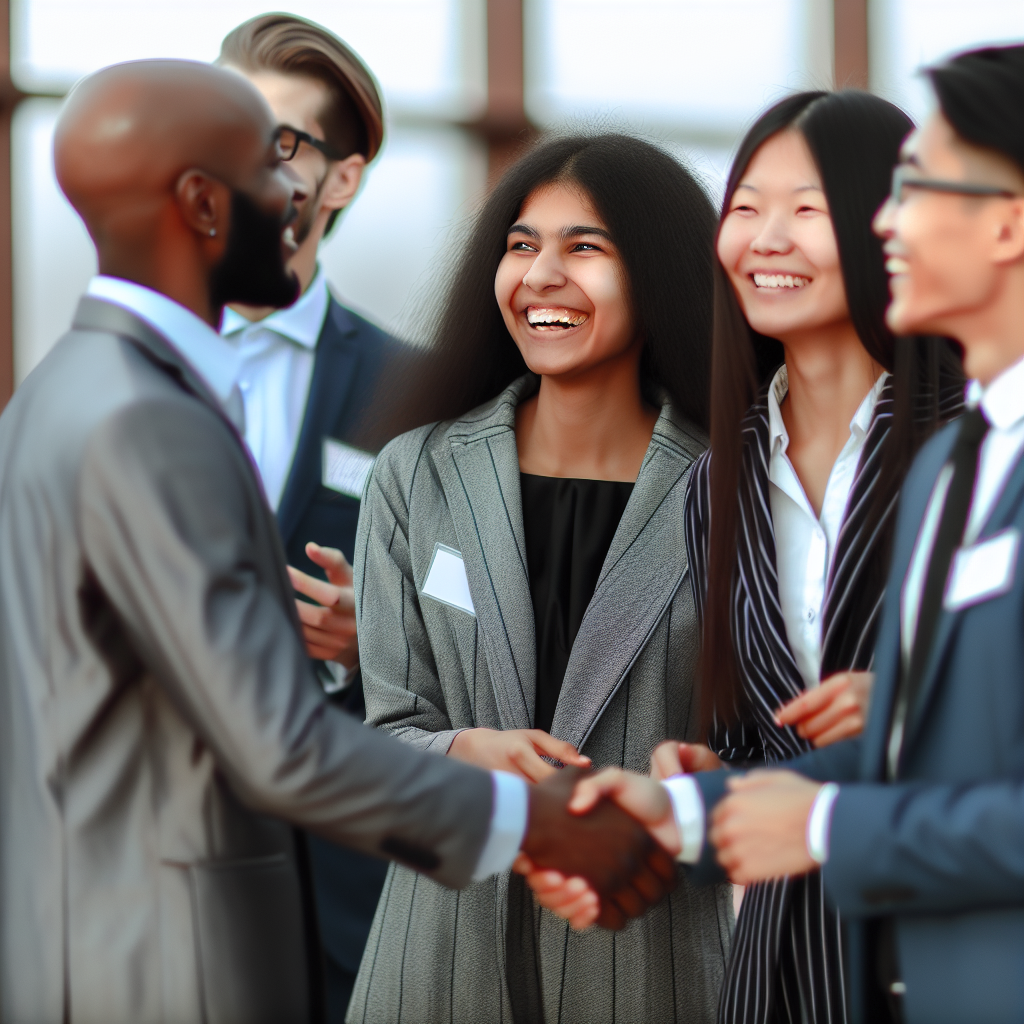 A group of professionally dressed people shaking hands and smiling.