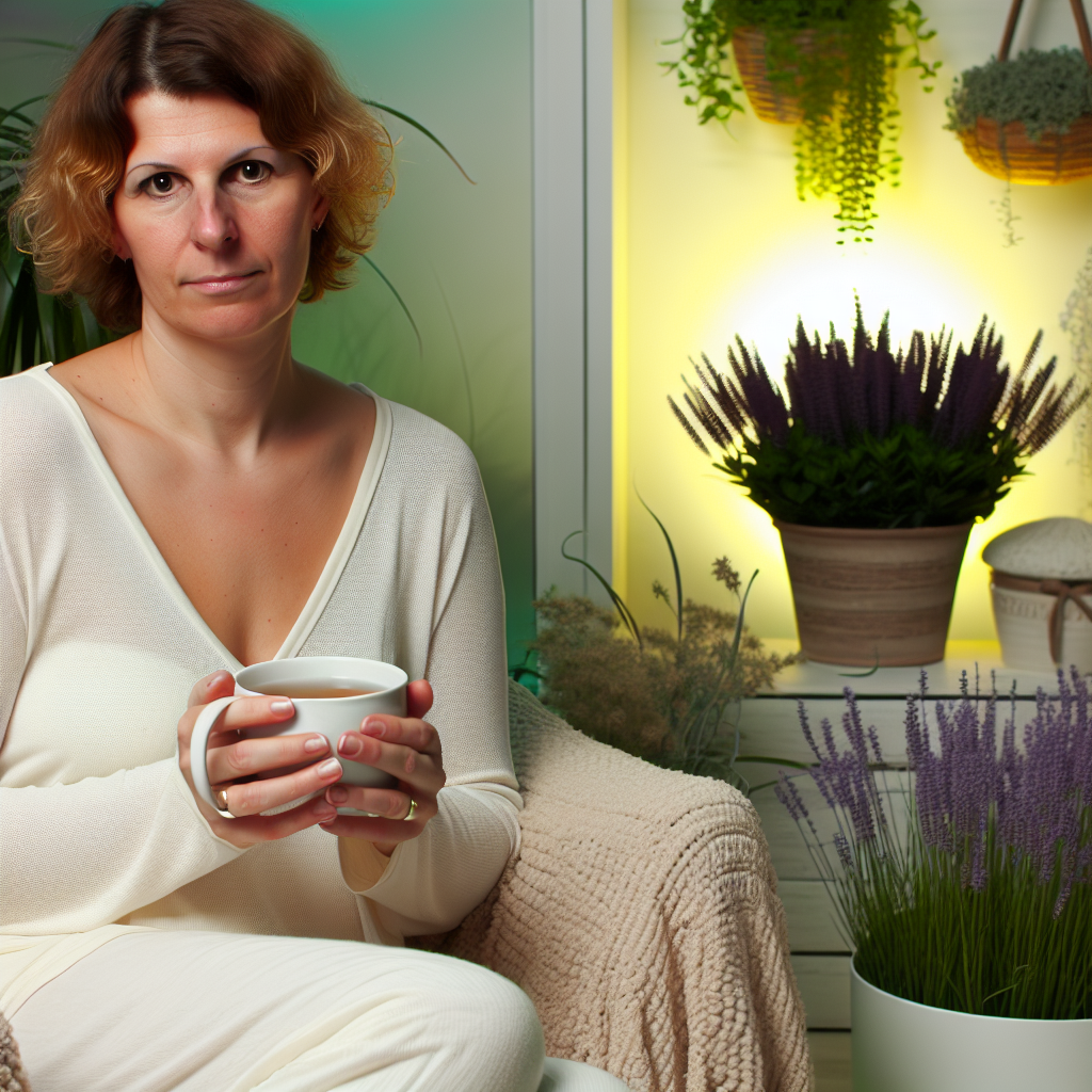 O femeie sta pe un fotoliu tinand o ceasca intr-un mediu decorat cu plante.