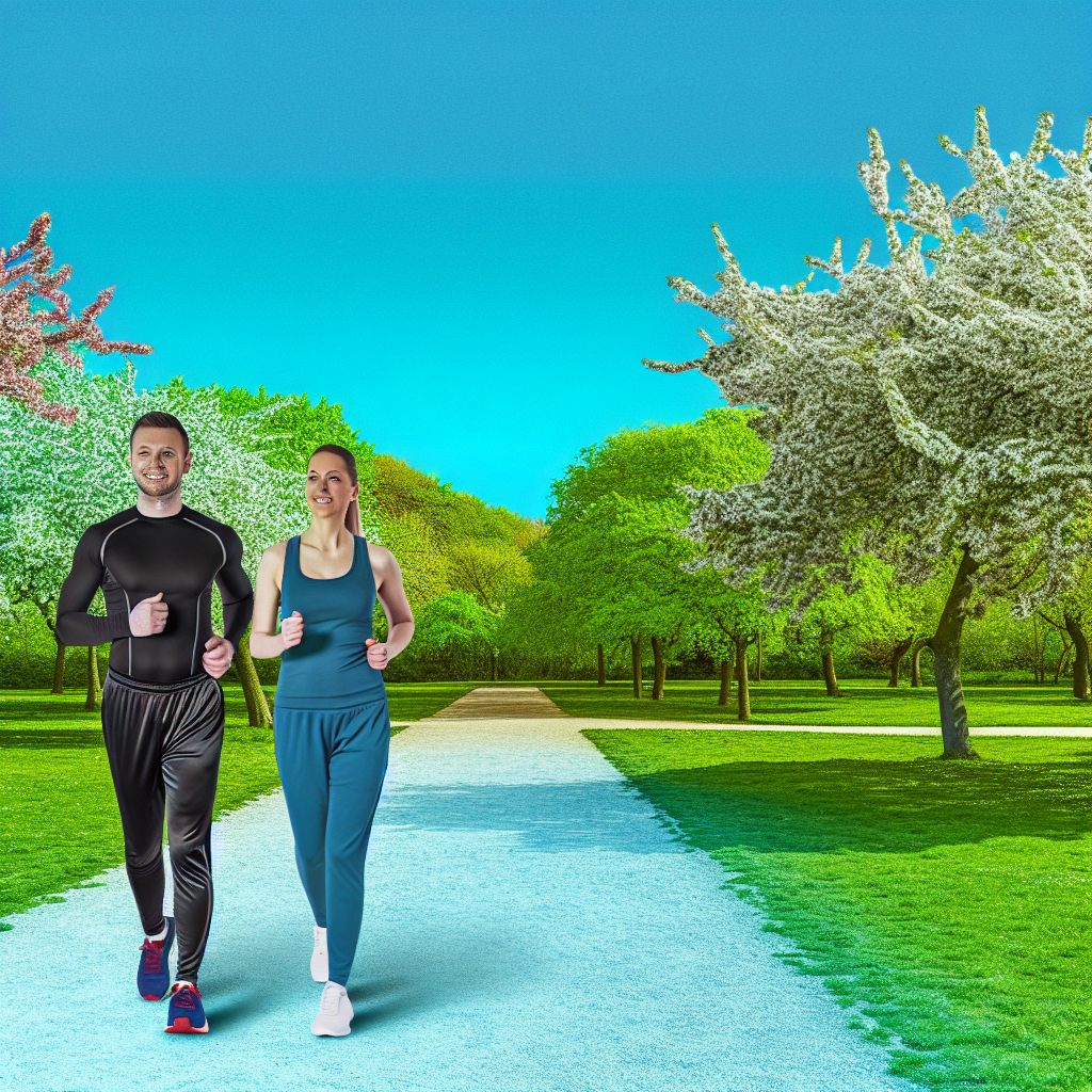 Doua persoane fac jogging intr-un parc cu multe copaci infloriti.