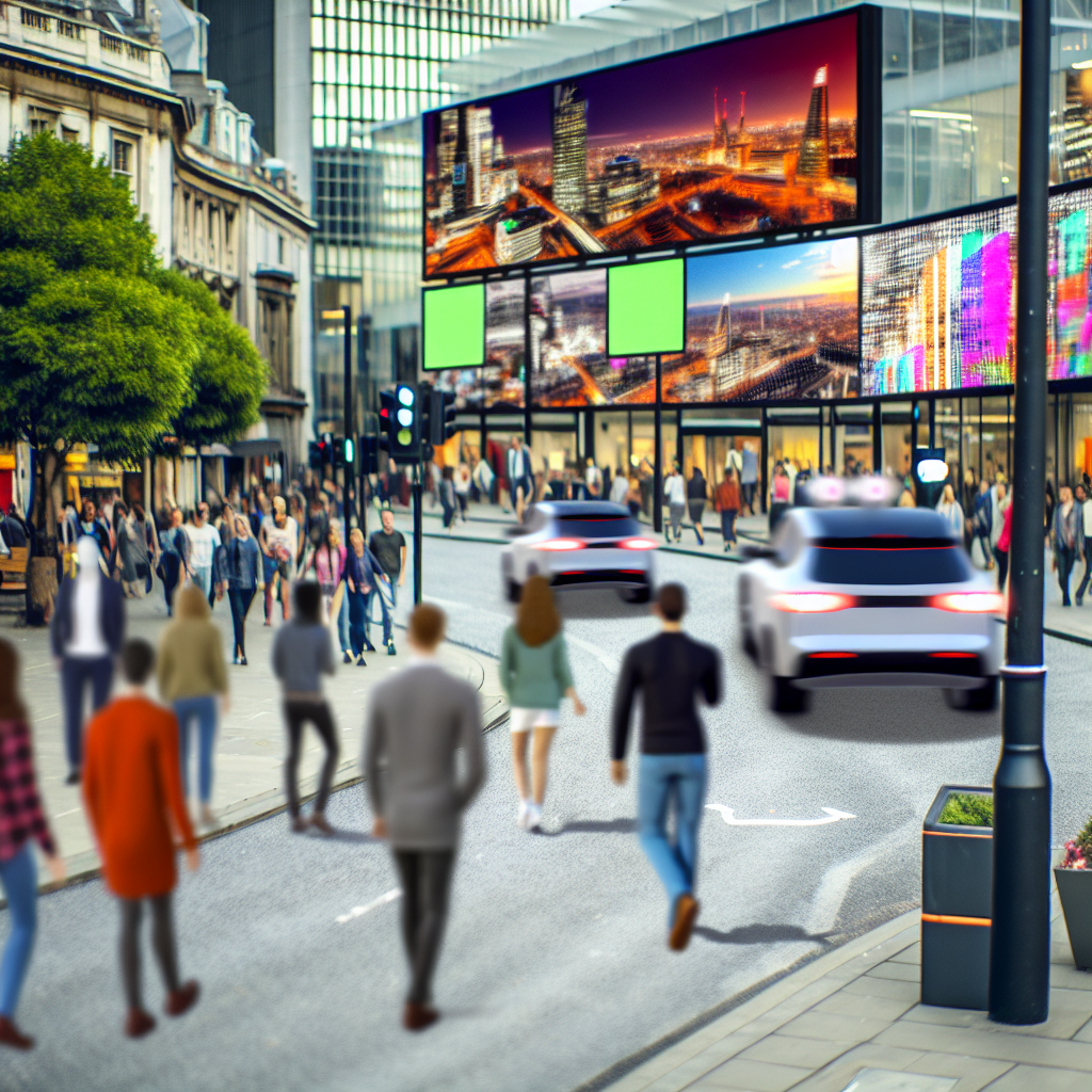 A busy urban street with people walking, cars driving, and large digital billboards displaying cityscapes at night.
