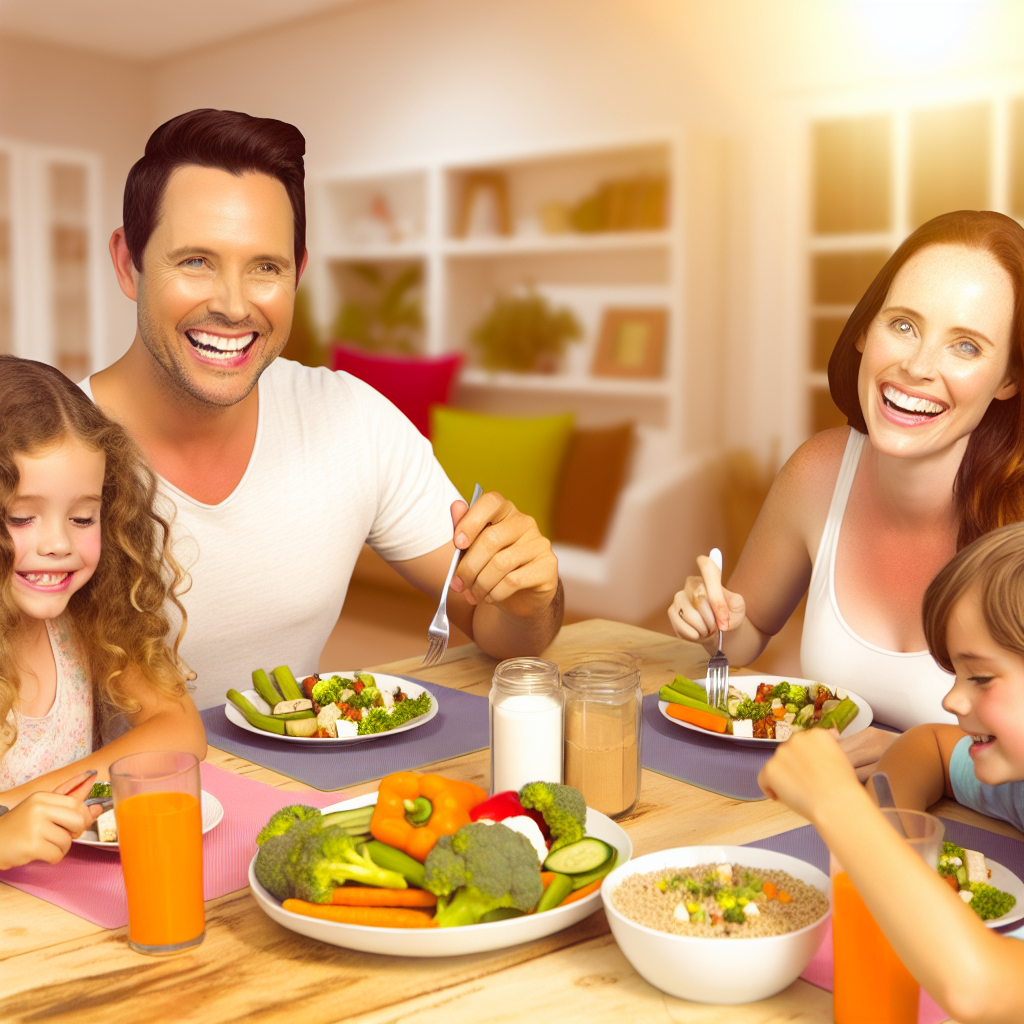 A family having a meal together with a variety of vegetables and healthy food on the table.