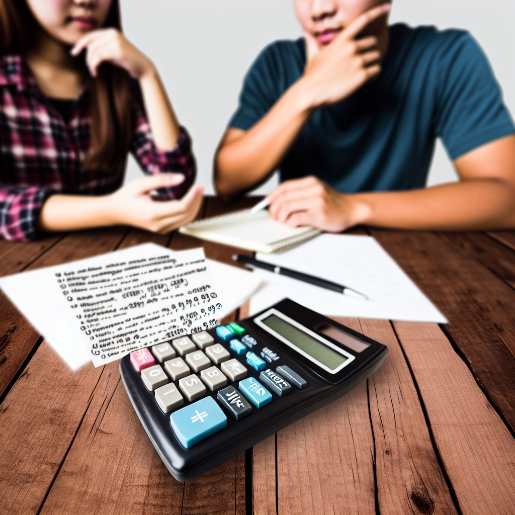 Two people are sitting at a table with a calculator, papers, and a notebook.
