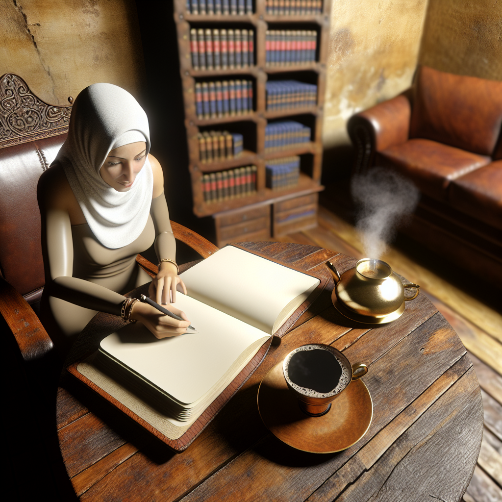 A woman is sitting at a table writing in a book, with a cup of coffee and a teapot on the table, a leather armchair in the background, and a bookshelf filled with books.