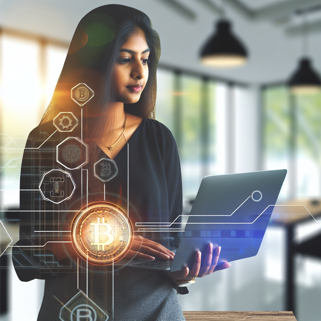 A woman holding a laptop with cryptocurrency graphics, including Bitcoin, superimposed in the foreground.