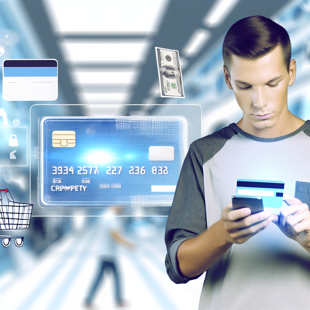 A man using a mobile phone with a floating credit card, dollar bill, shopping cart icon, and security icons in a digital, futuristic setting.