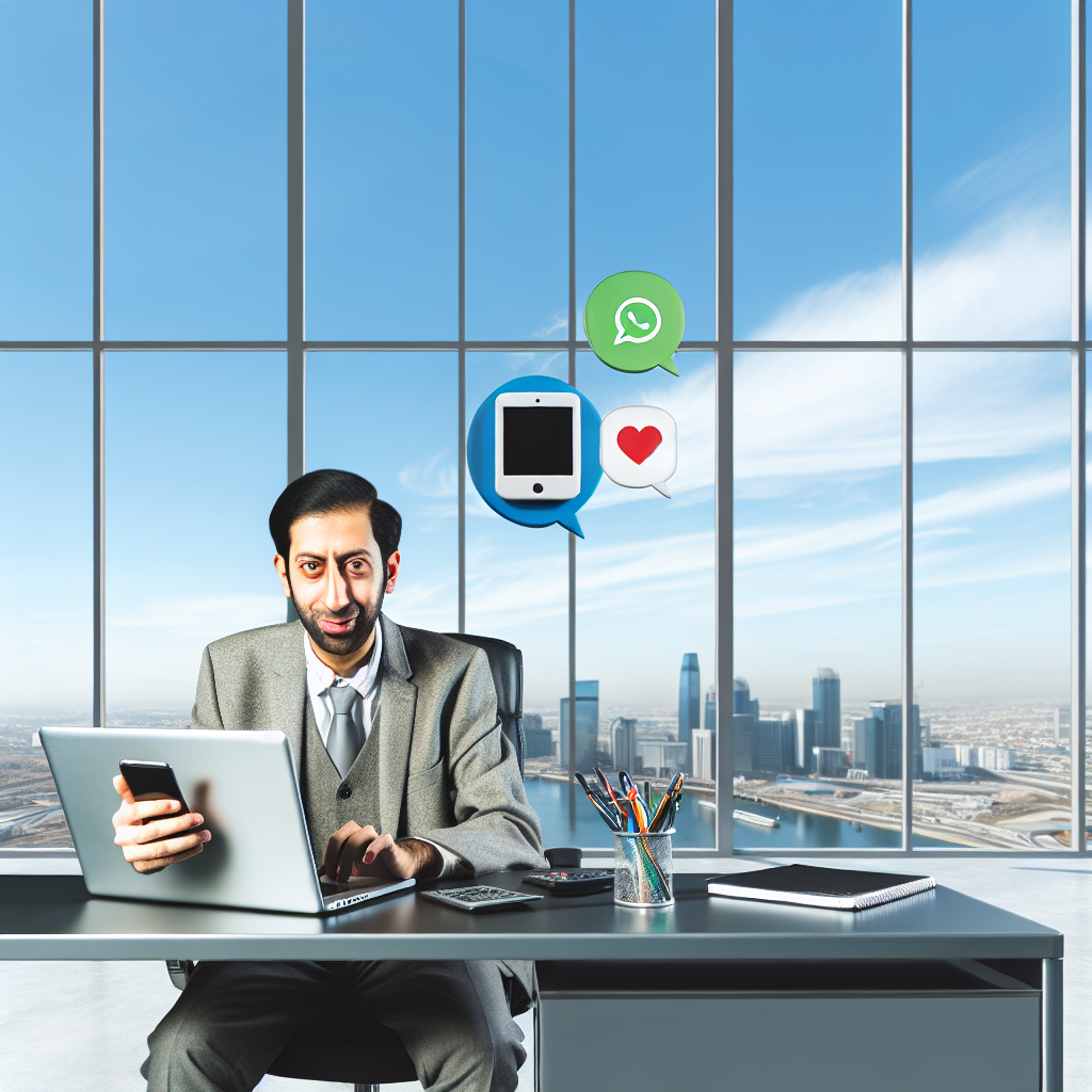 A man in a suit sitting at a desk with a laptop and holding a smartphone, with a cityscape visible through large windows in the background. هناك also chat icons floating above him.