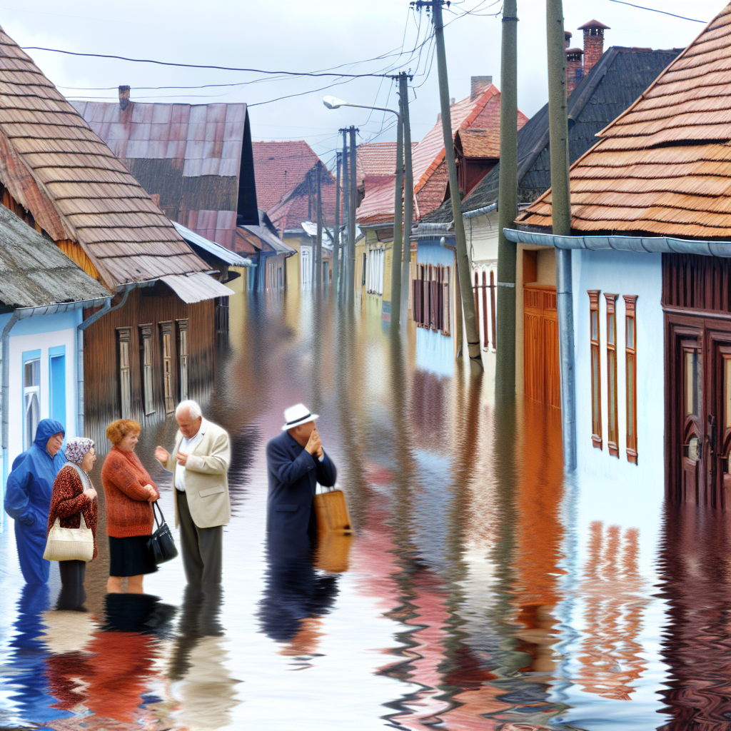 A flooded street with people standing in water.