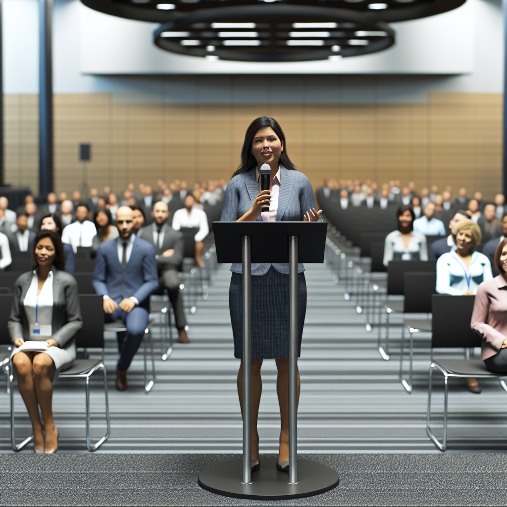 A woman is speaking at a podium in front of an audience at a conference or seminar.