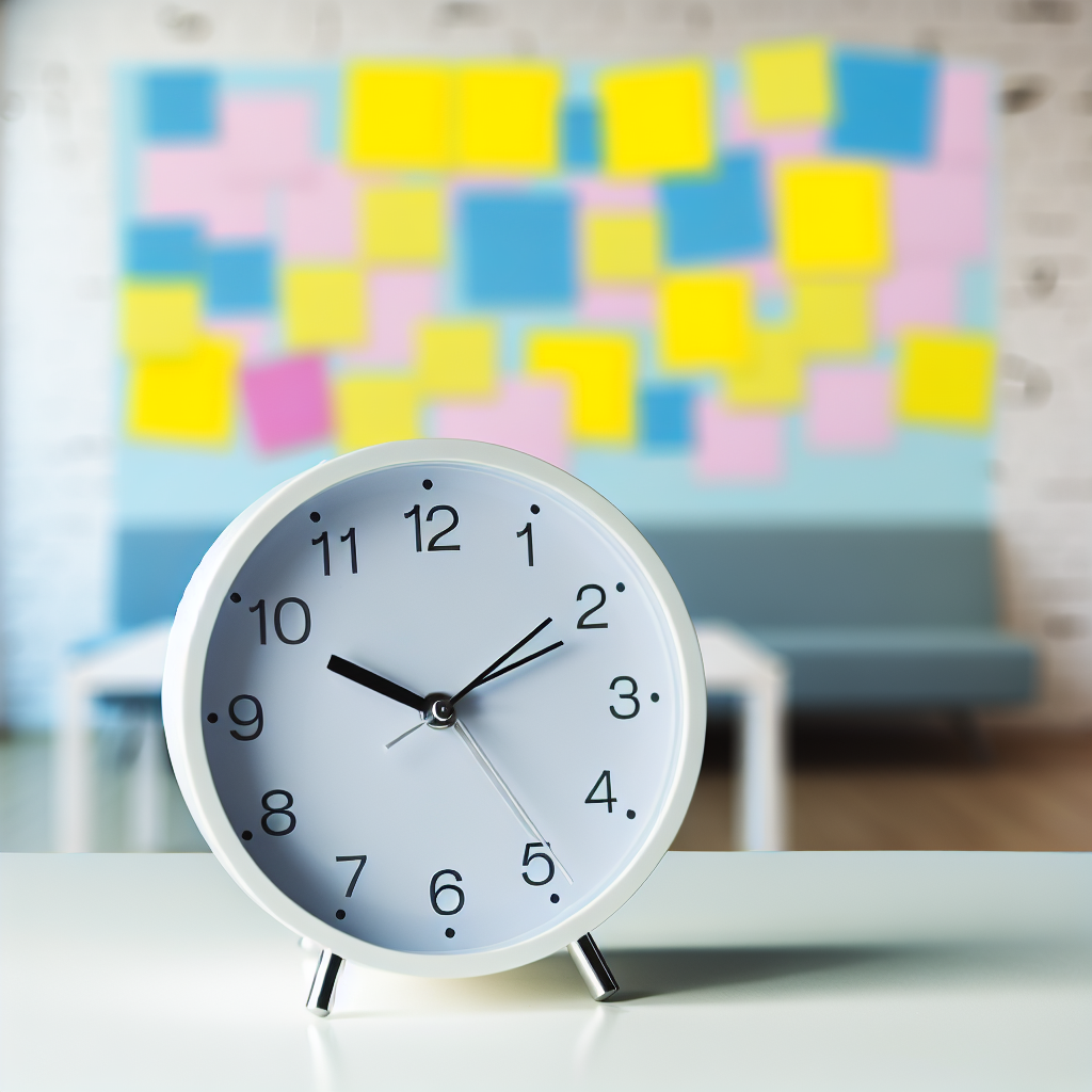 A clock on a table with a wall full of colorful sticky notes in the background.