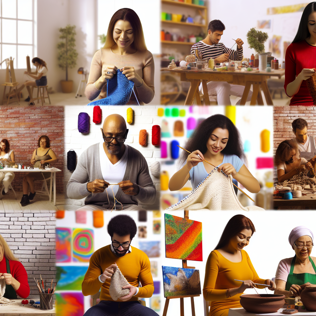 People engaging in various crafting activities such as knitting, pottery, and painting.