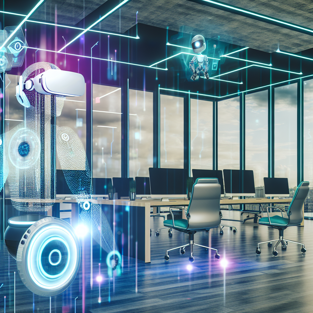 A modern office with holographic virtual reality elements and robots.