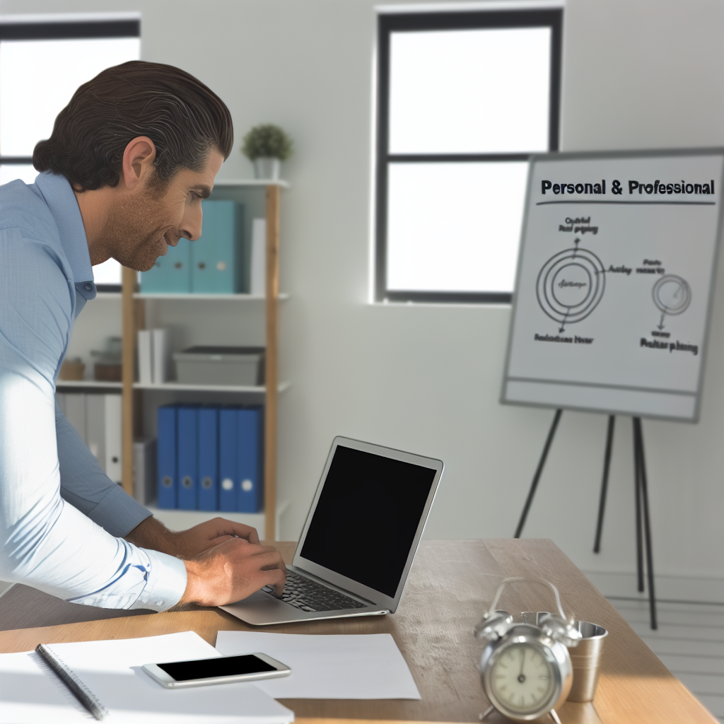 Un barbat foloseste un laptop intr-un birou. In fundal este un flipchart cu diagrama si textul