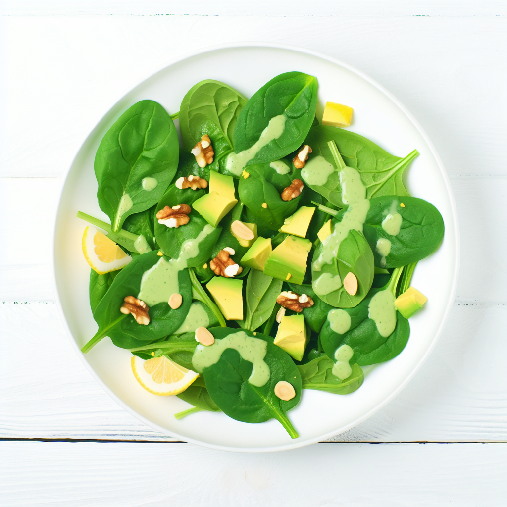 A spinach salad with avocado, walnuts, lemon slices, and green dressing.