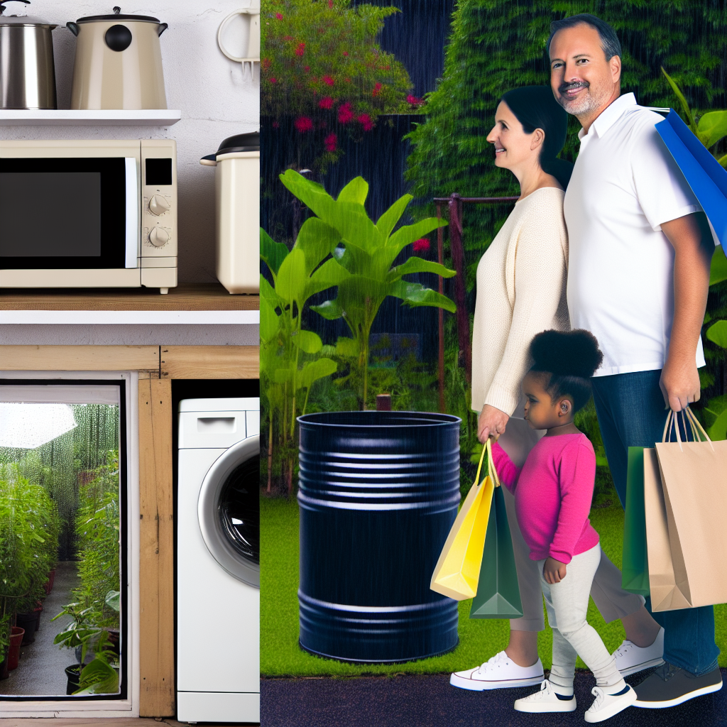 A family walking in the rain with shopping bags, next to an image of a kitchen with appliances and a window showing plants outside.