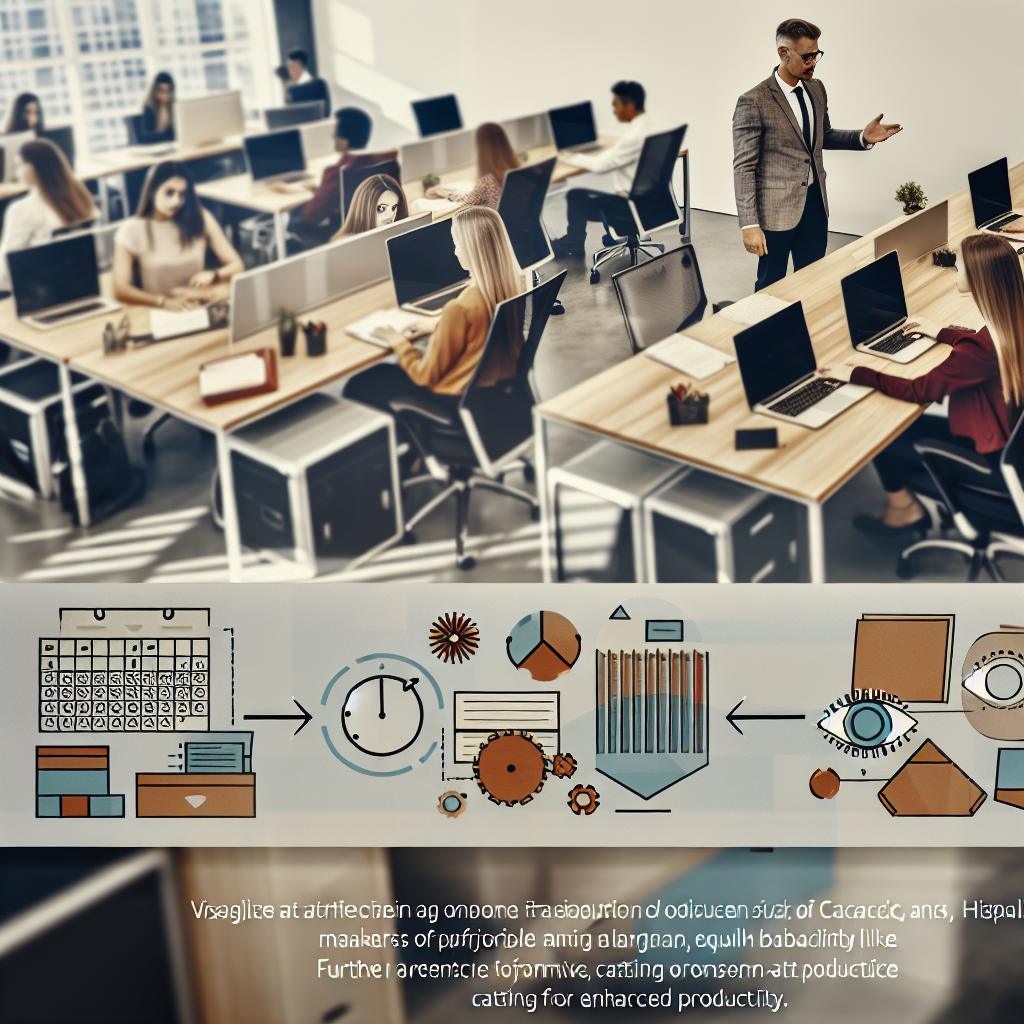 Office workers at desks are working on computers, while a person in a suit is standing and gesturing. Below, there are infographics related to productivity and planning.