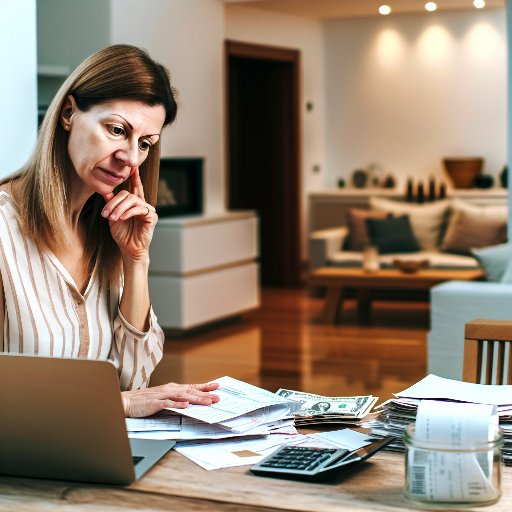 A woman sitting at a table, using a laptop, reviewing documents, with a calculator and money on the table.