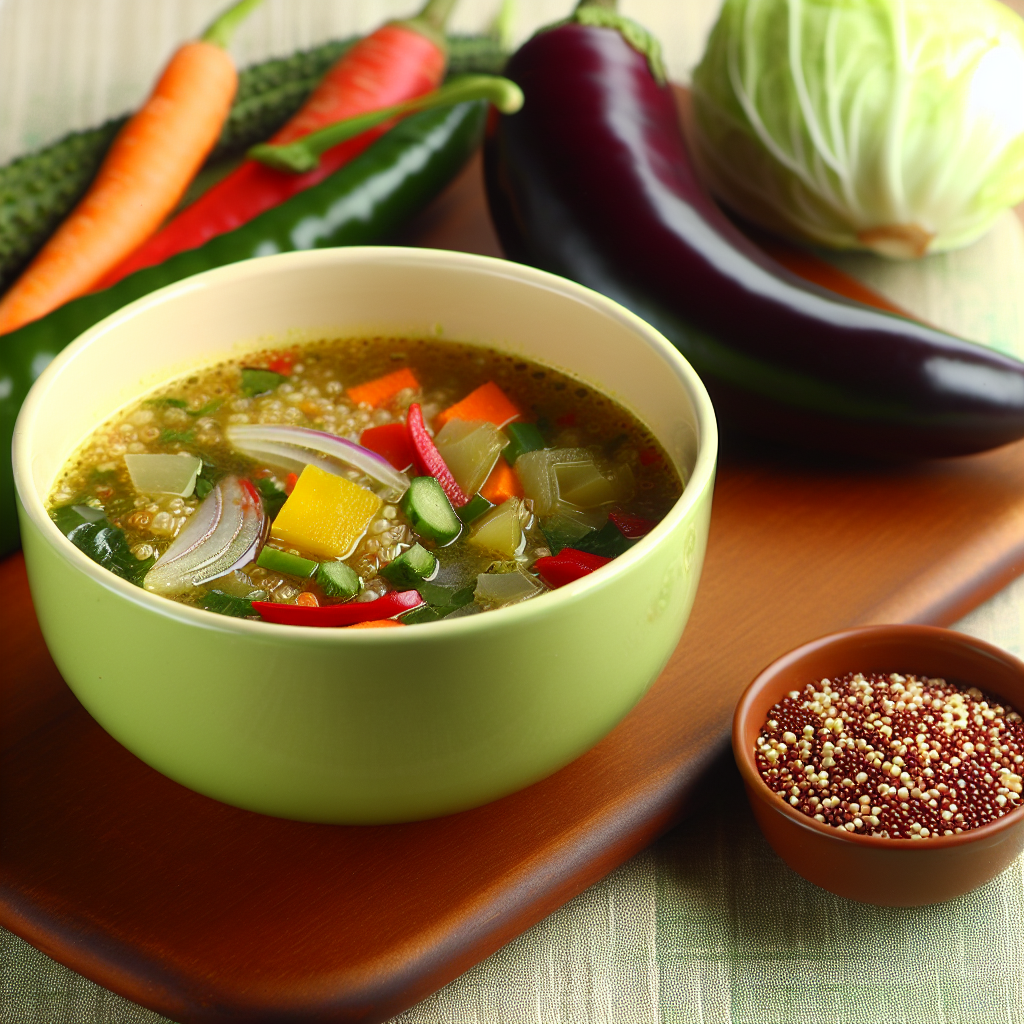 A bowl of vegetable soup with various vegetables and a small bowl of grains on a wooden tray.
