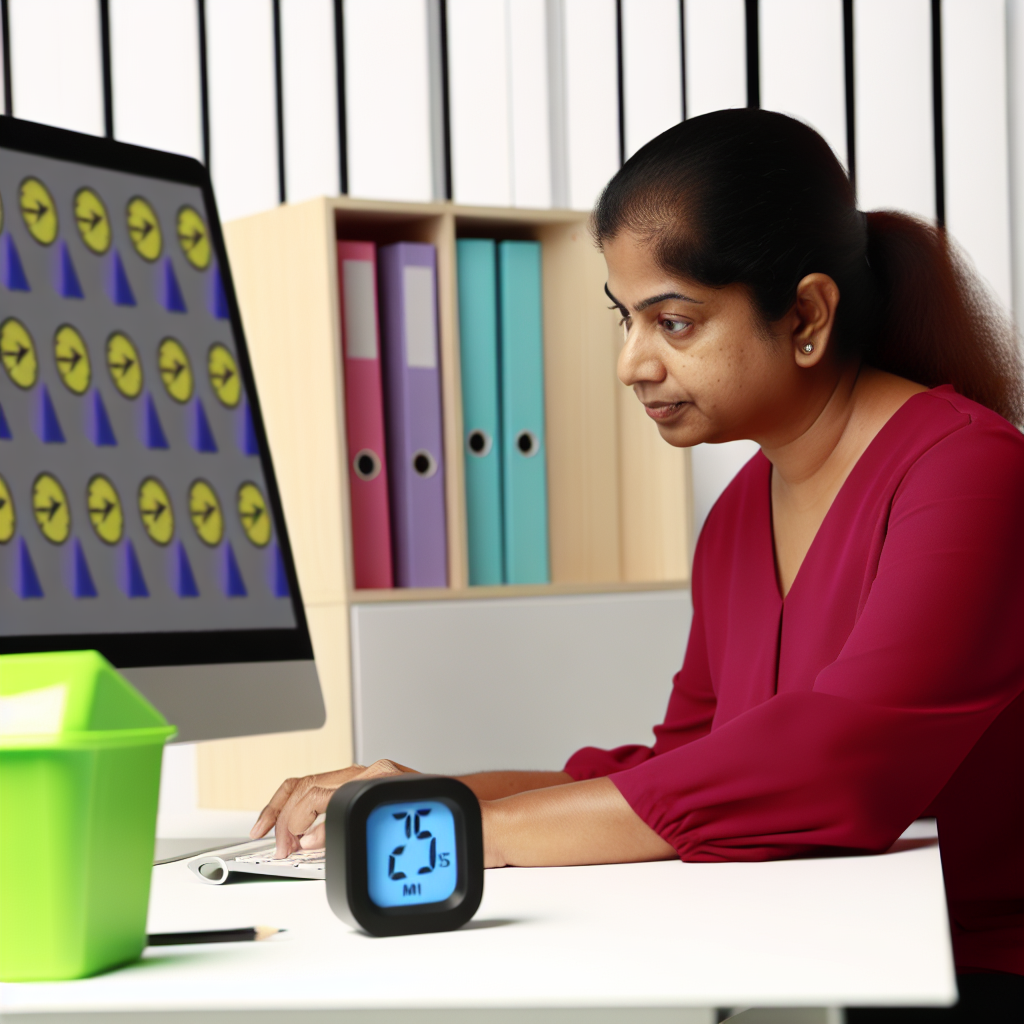 A woman is sitting at a desk, working on a computer. There is a clock on the desk showing a time of 7:51. Behind her, there are shelves with colorful binders.