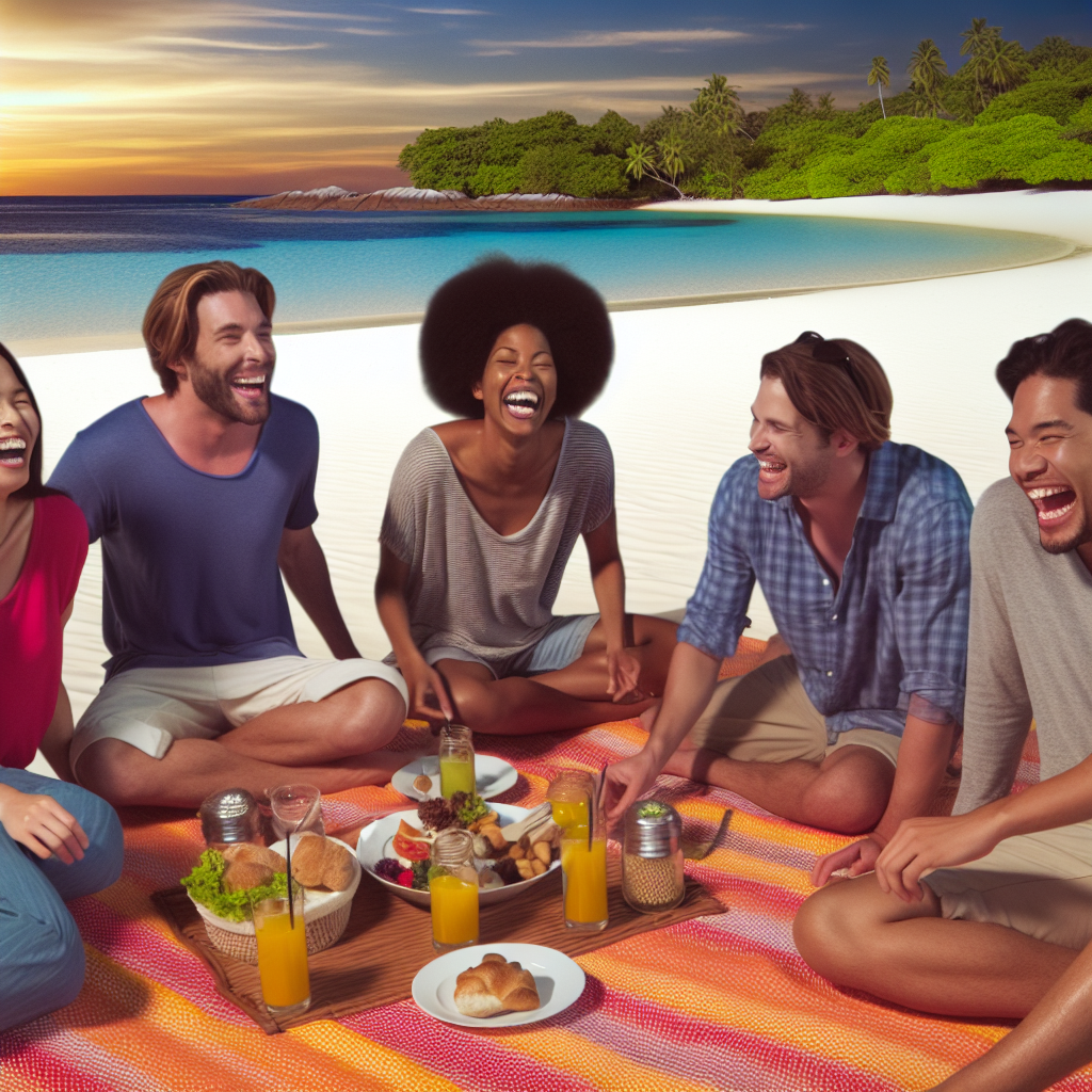 A group of people are having a picnic on the beach, laughing and enjoying food and drinks.