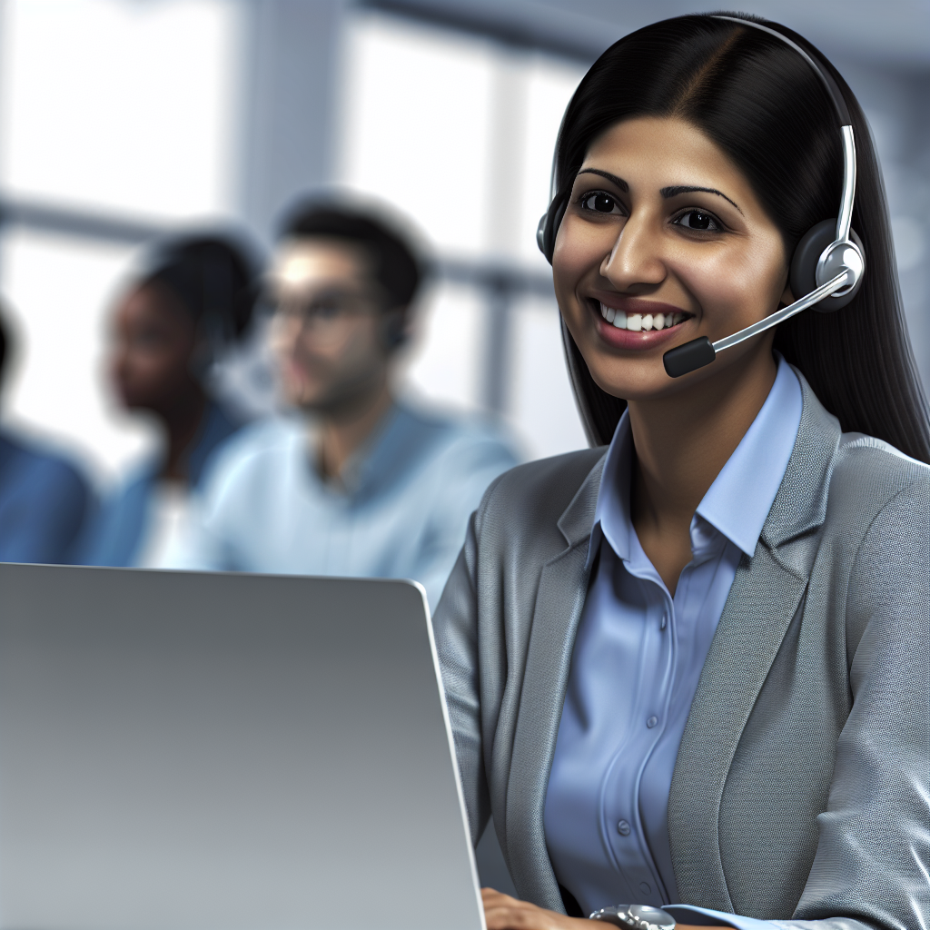 A woman wearing a headset, smiling, and working on a laptop in an office setting with other people in the background.