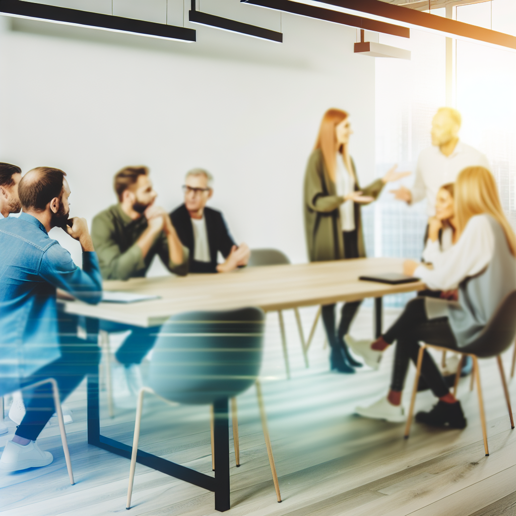 A group of people having a meeting in a modern office.