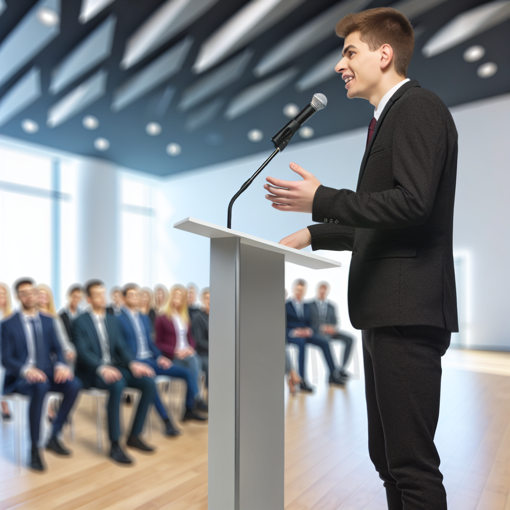 A man giving a speech at a podium in front of an audience.