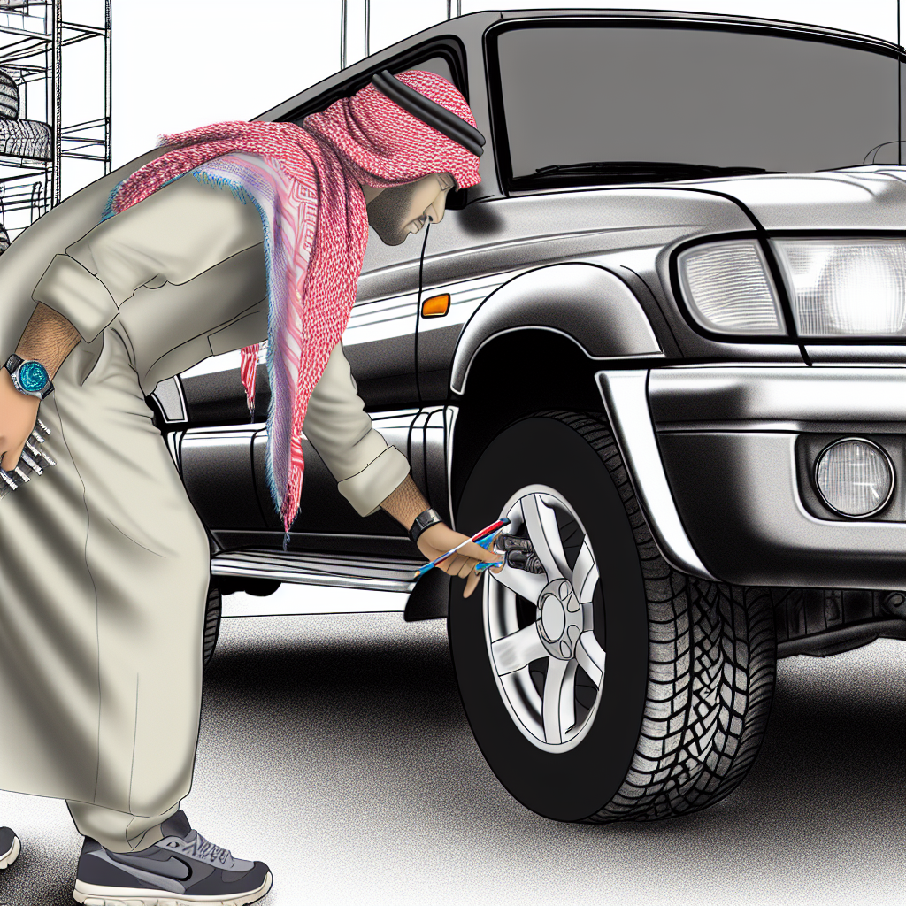 A man is checking the tire pressure of a car.