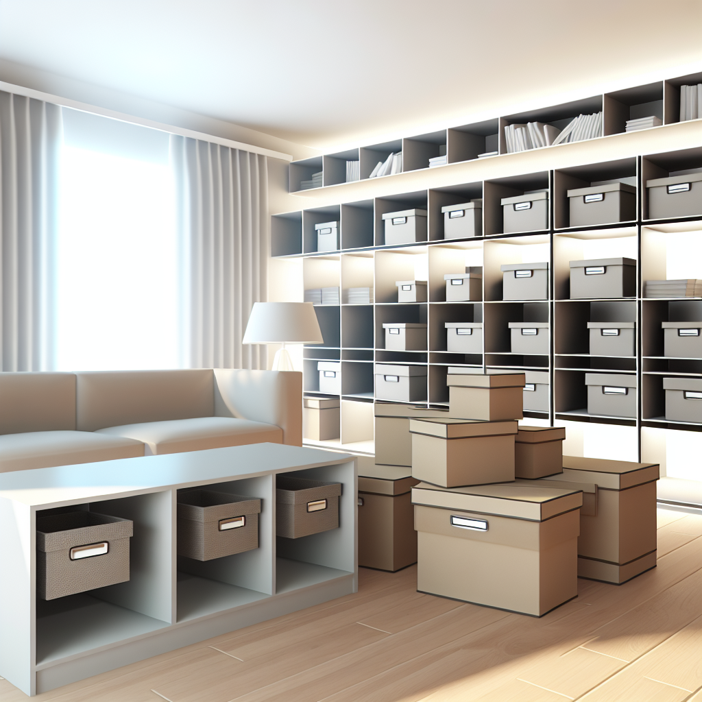 A room with bookshelves filled with boxes and books, a sofa, a lamp, and more stacked boxes on the floor.