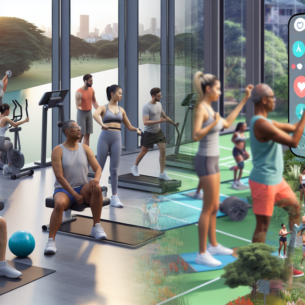 People exercising in a gym with a blend into a virtual workout environment.