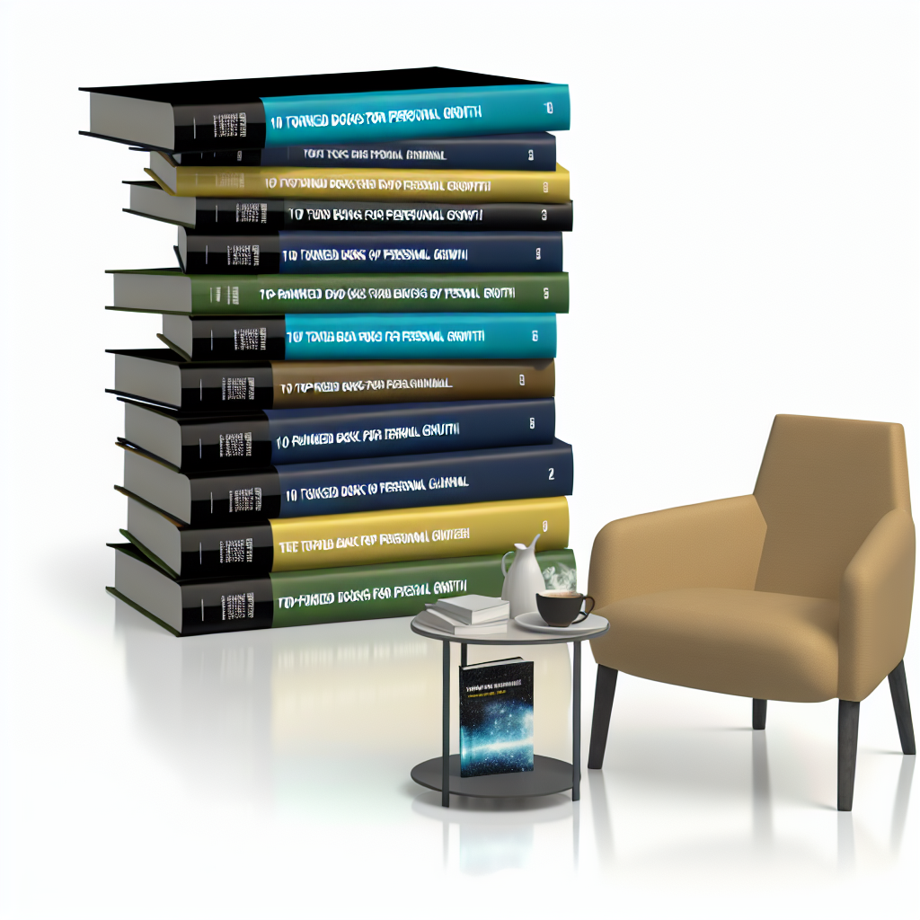 A stack of books, an armchair, a small table with a cup, a teapot, a book, and a plant.