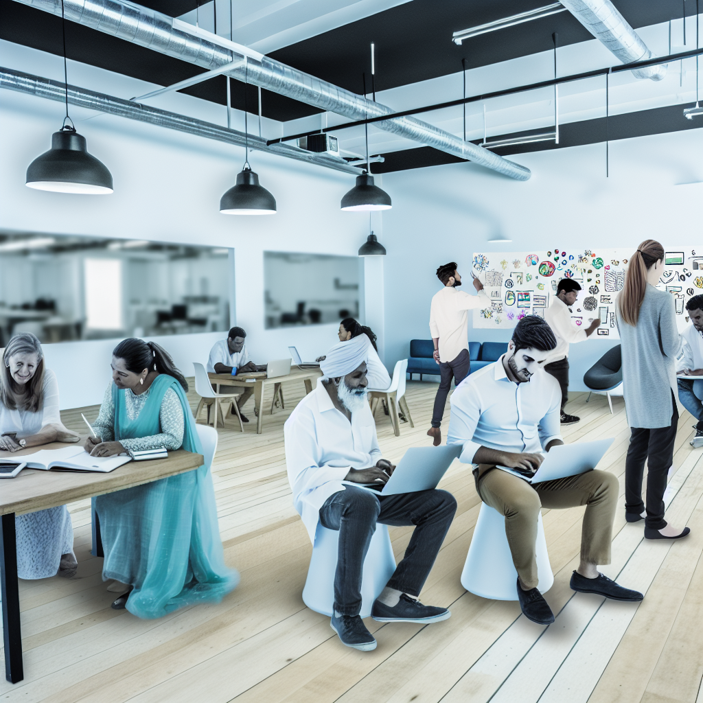 Office space with people working and collaborating.