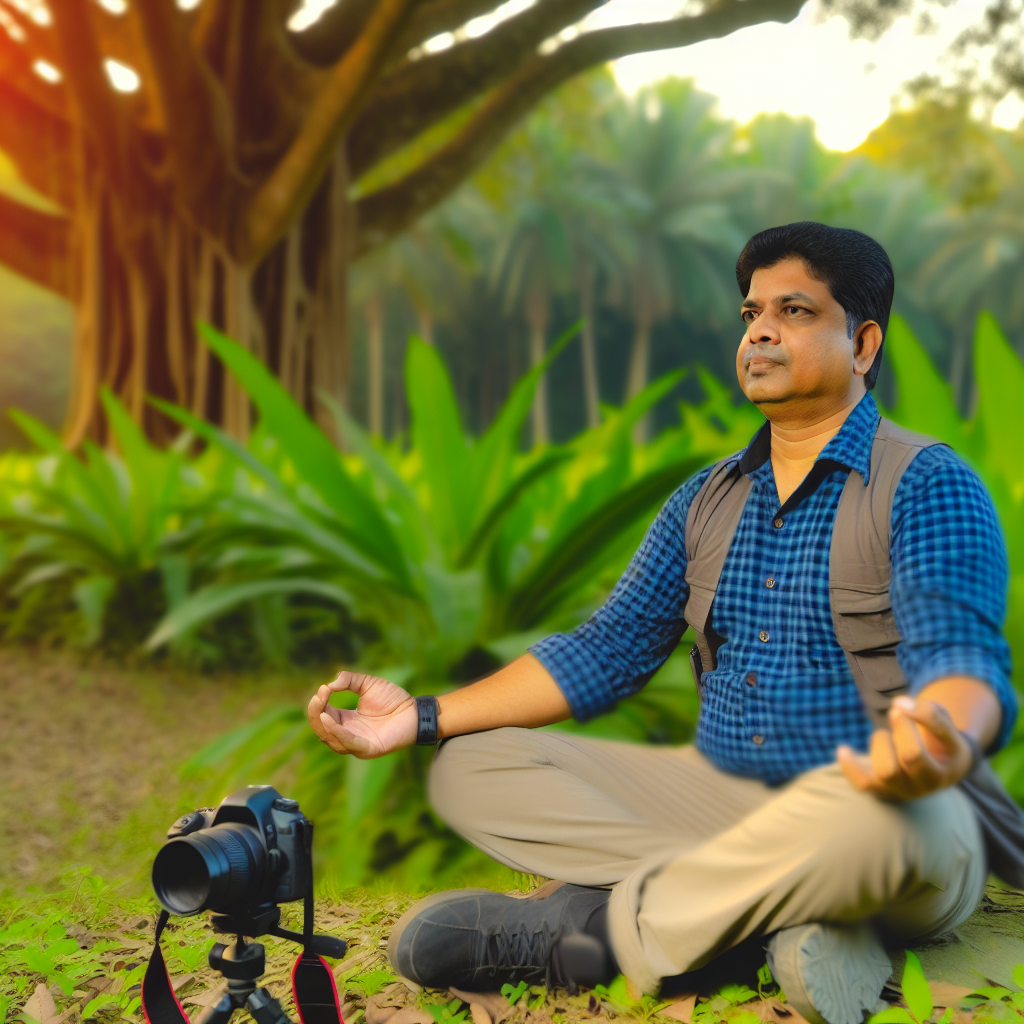 A man is meditating outdoors near a camera on a tripod.