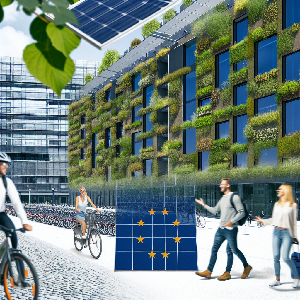A green building with plants on the facade, cyclists, pedestrians, solar panels, and a flag with yellow stars on a blue background.