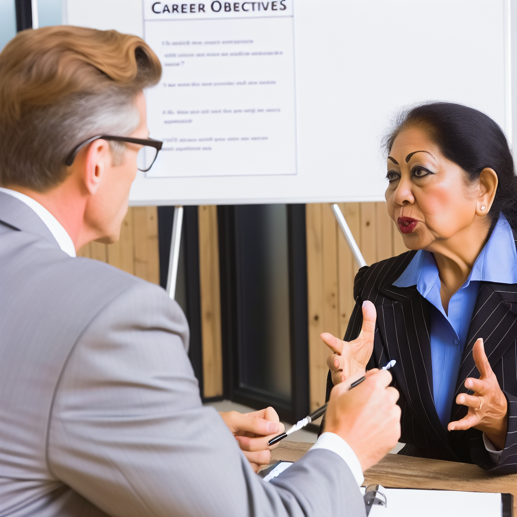 A man and a woman are having a business discussion in front of a whiteboard.
