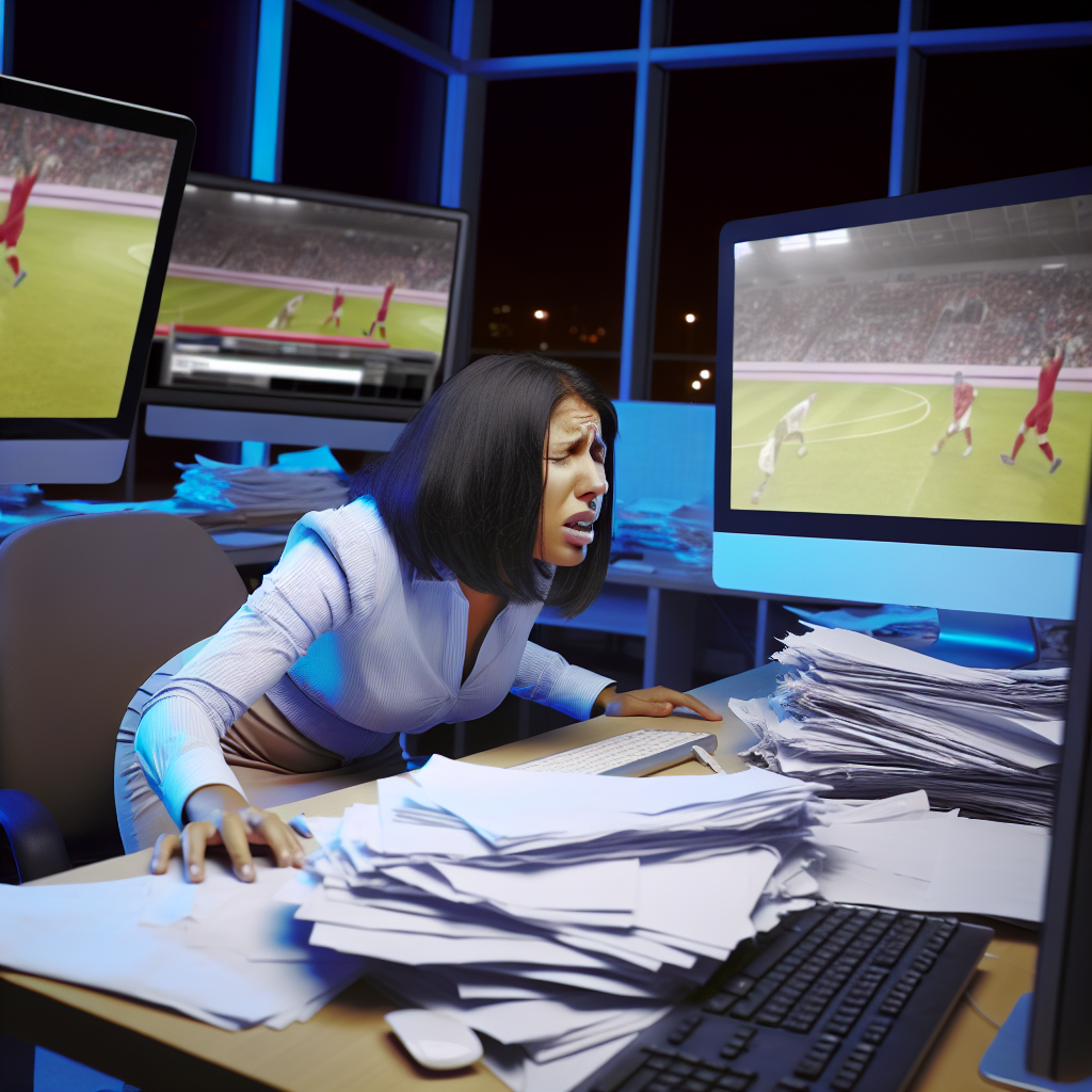 A frustrated woman sitting at a cluttered desk with piles of papers, surrounded by multiple screens displaying soccer games.