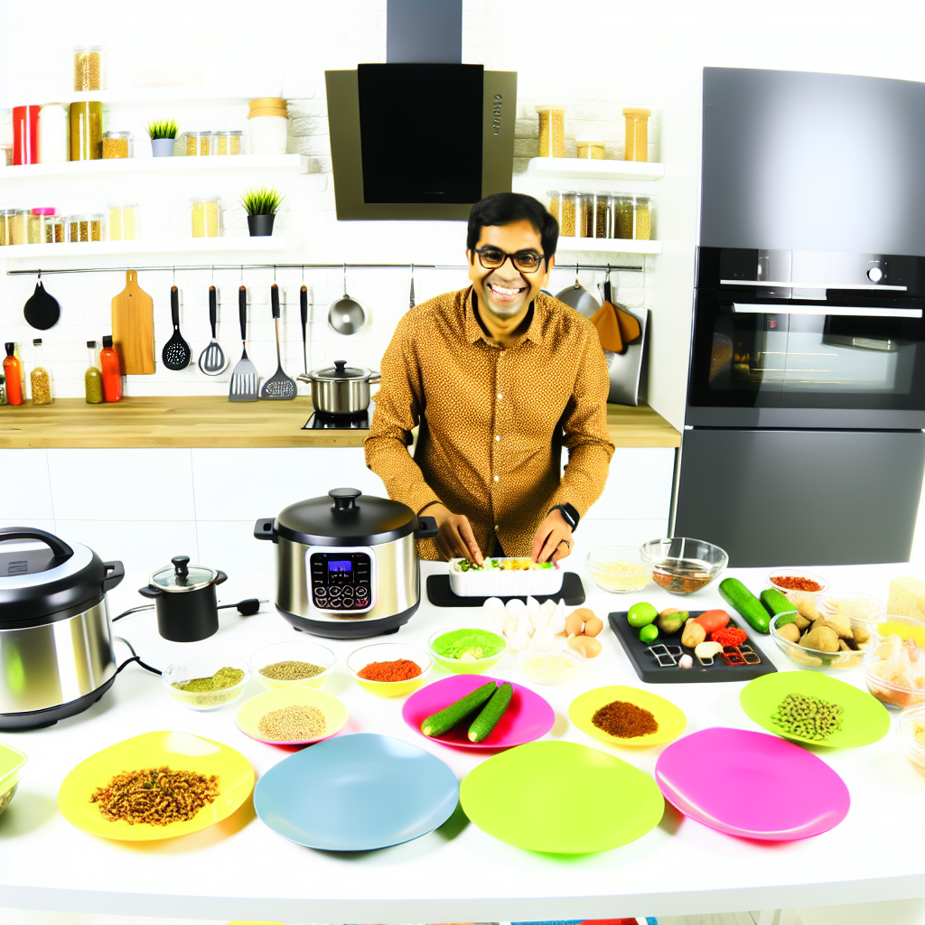 A man cooking in a modern kitchen with various ingredients and kitchen appliances.