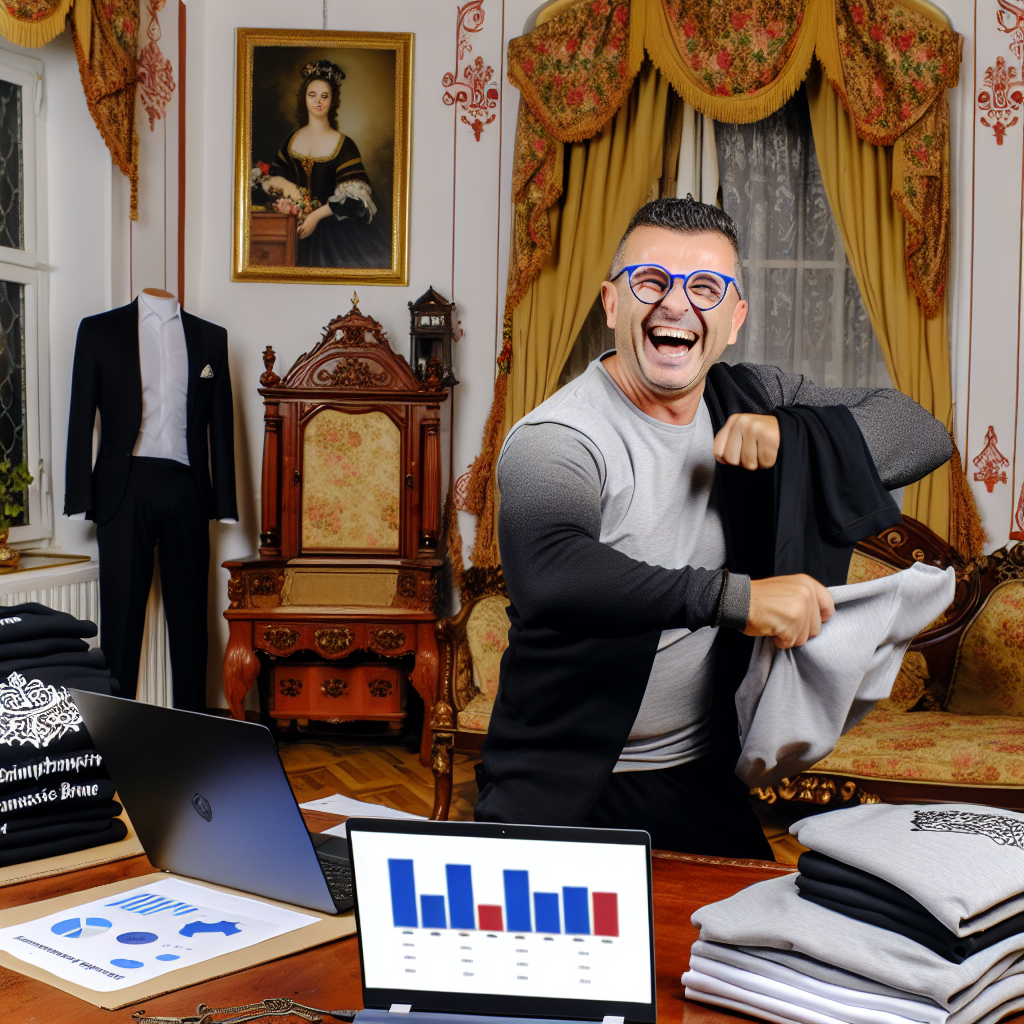 Un barbat vesel imbracat casual cu ochelari albastri tine un tricou, stand intr-o camera decorata clasic; in fata lui sunt doua laptopuri deschise cu grafice, pe masa sunt teancuri de haine pliate si un student diplomat; in fundal se afla un tablou, un manechin cu un costum si doua scaune sculptate antique.