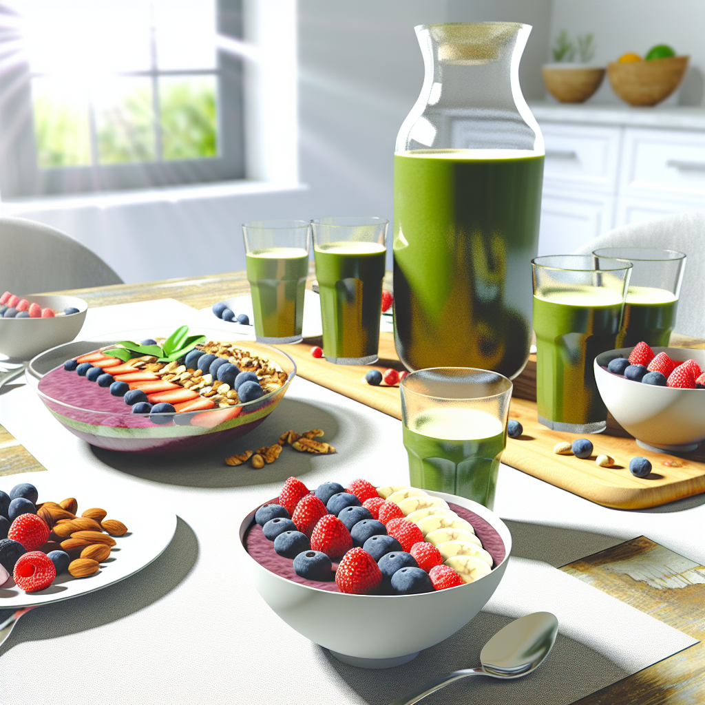 Masa cu boluri de smoothie cu fructe si nuci, pahare si carafa cu suc verde, pe o masa din bucatarie luminoasa.