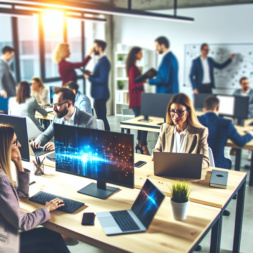 An office with people working at computers and having discussions.