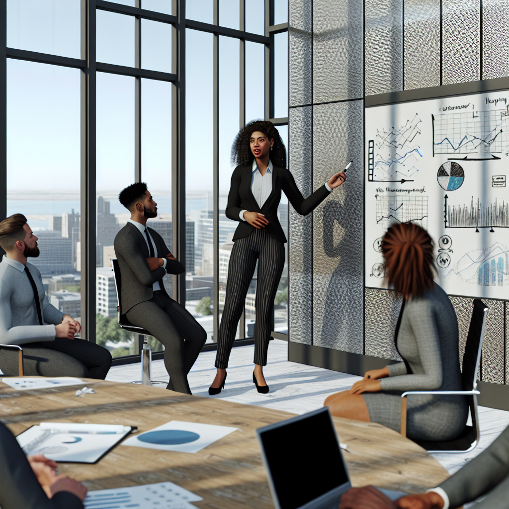 A business meeting with a presentation using charts in a modern office.