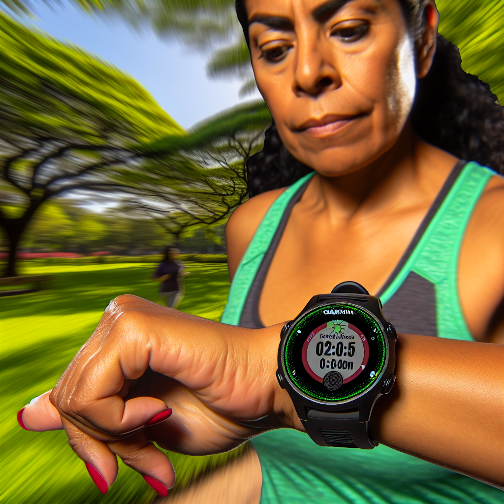 A woman checking her Garmin smartwatch while running in a park.