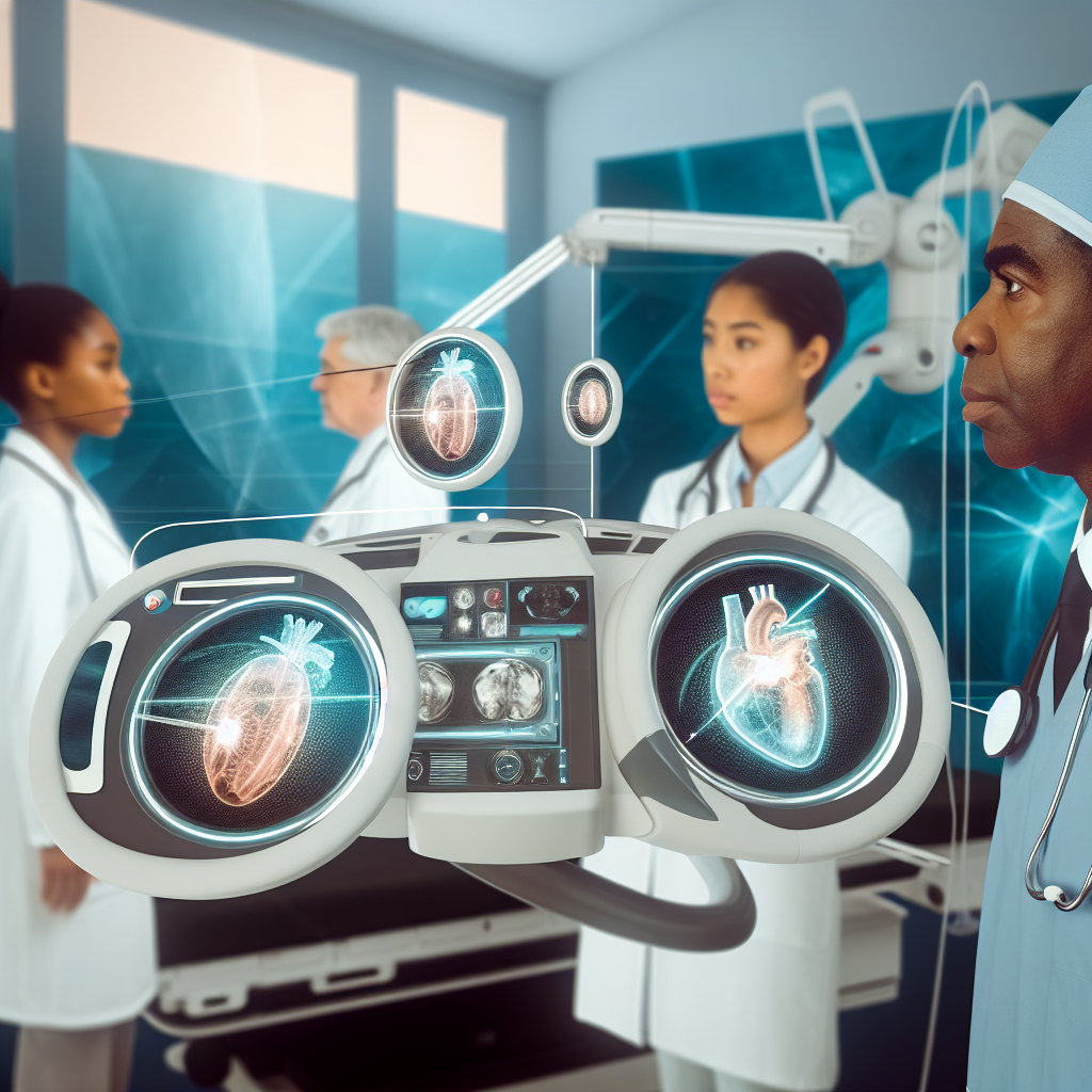 Doctors using advanced medical equipment with holographic heart images in a laboratory or clinic.